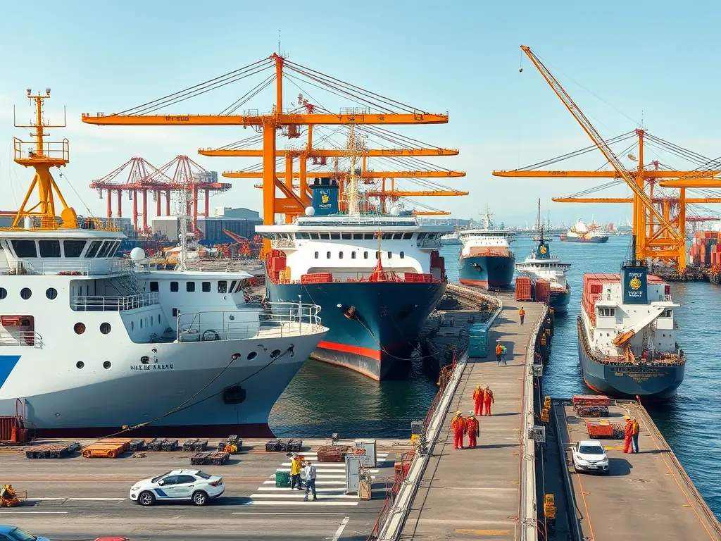 A port scene with ships docked, crew members, and port operations in progress, showcasing Sedora Ships Ltd.'s ship agency services.