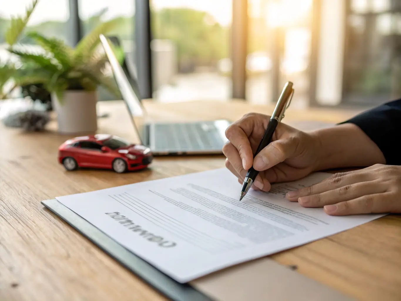 A close-up image of a shipping contract being signed, with a pen and calculator nearby, symbolizing the importance of accurate documentation and cost management in shipping.