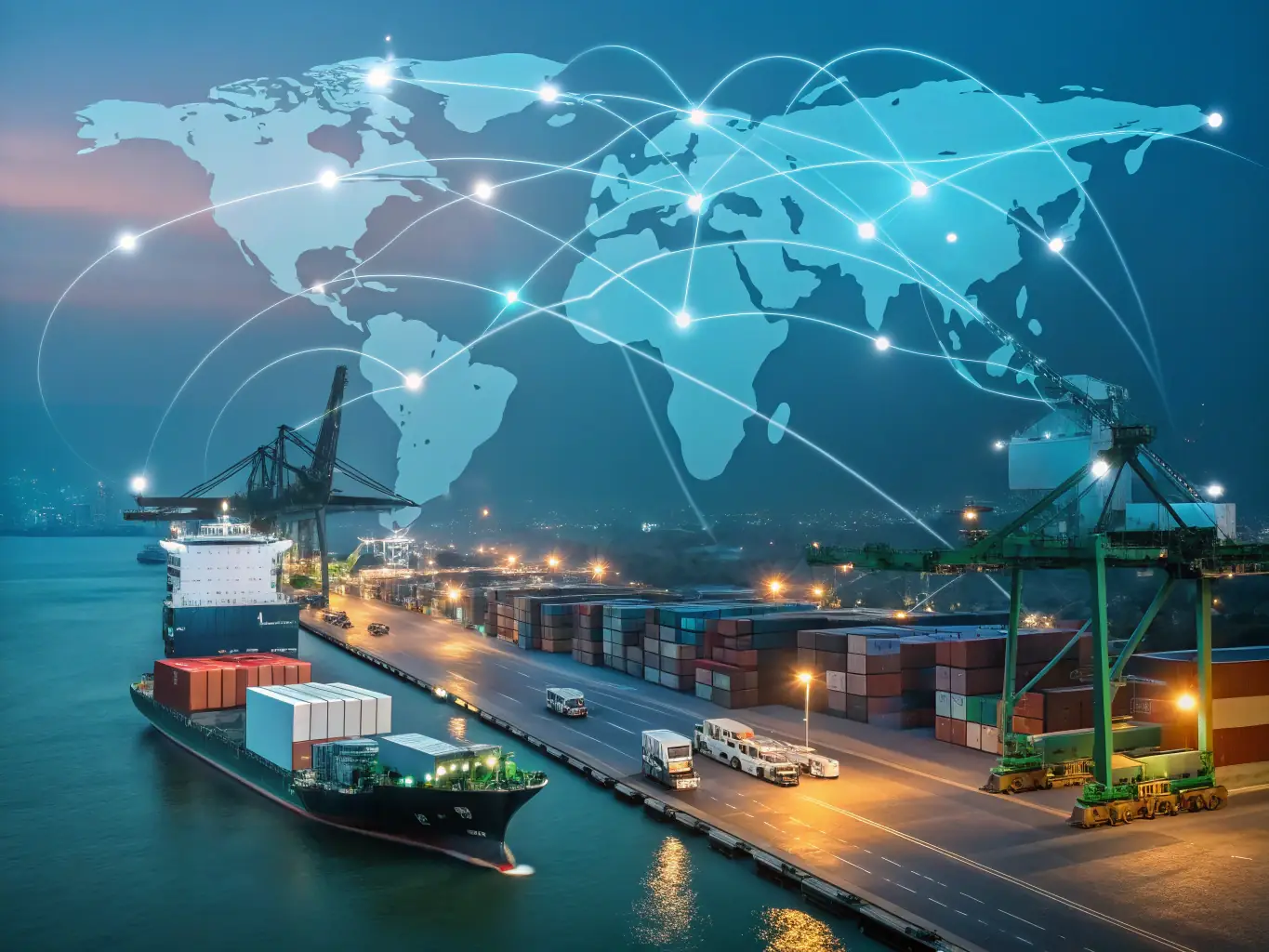A digital illustration of a world map with shipping routes highlighted, showing the global reach of BulkBrokerage's services. The illustration should emphasize the interconnectedness of global trade.