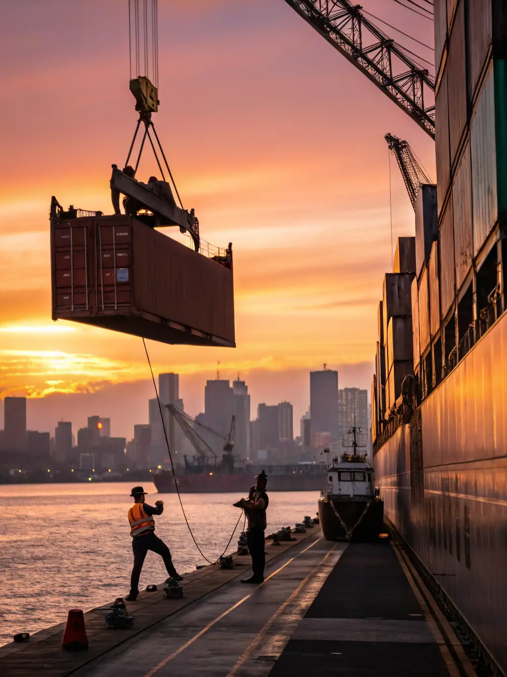 A port scene with a ship being serviced, representing ship agency services.