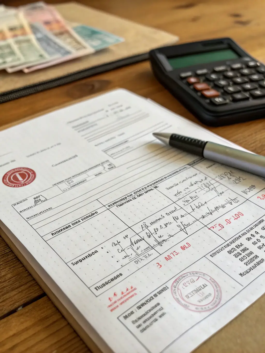 A close-up of shipping documents and a calculator, symbolizing efficient and transparent service management.