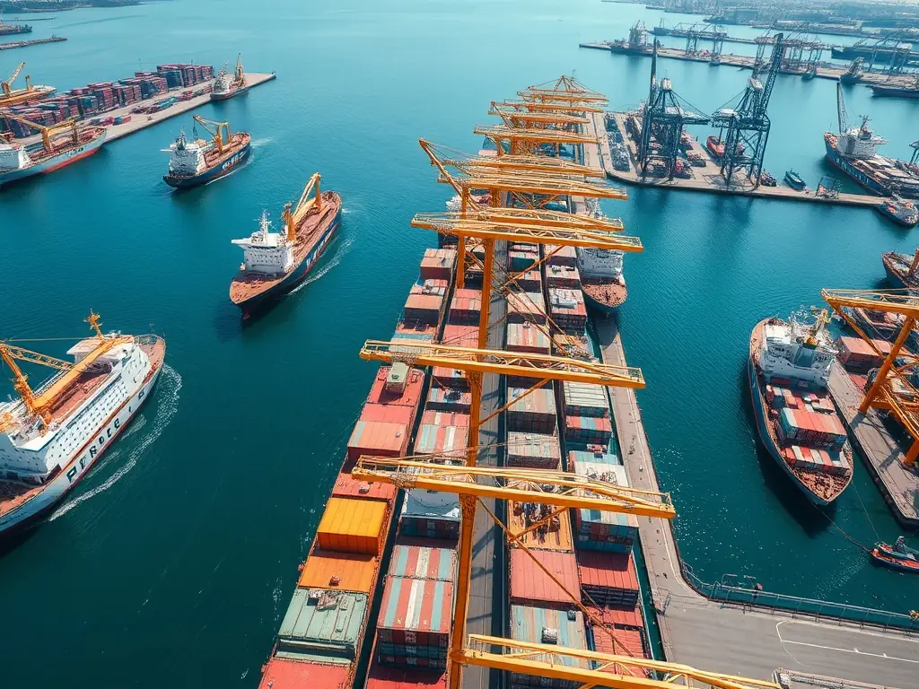 A port scene with a ship being serviced by various personnel and equipment, symbolizing ship agency services.