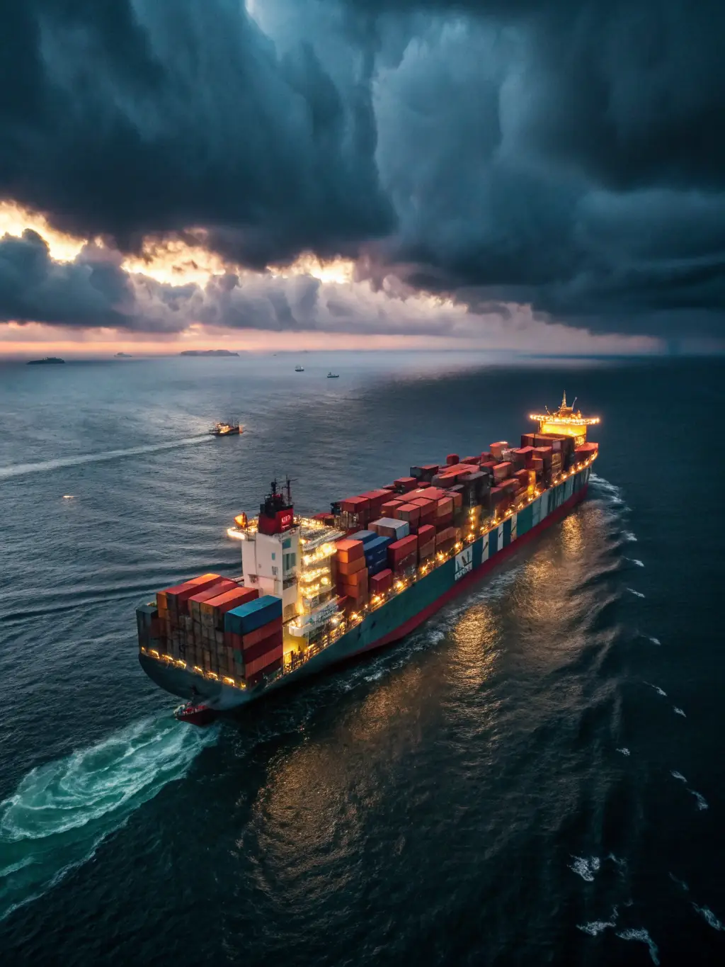 A modern cargo ship sailing on a calm, dark blue sea at sunset, representing vessel chartering services.