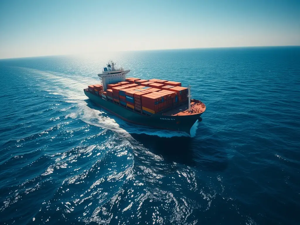 A modern dry bulk cargo ship sailing on a calm, dark blue sea under a clear sky, representing vessel chartering services.